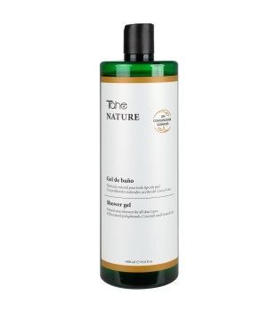 Una botella de gel de ducha natural sobre un fondo blanco.