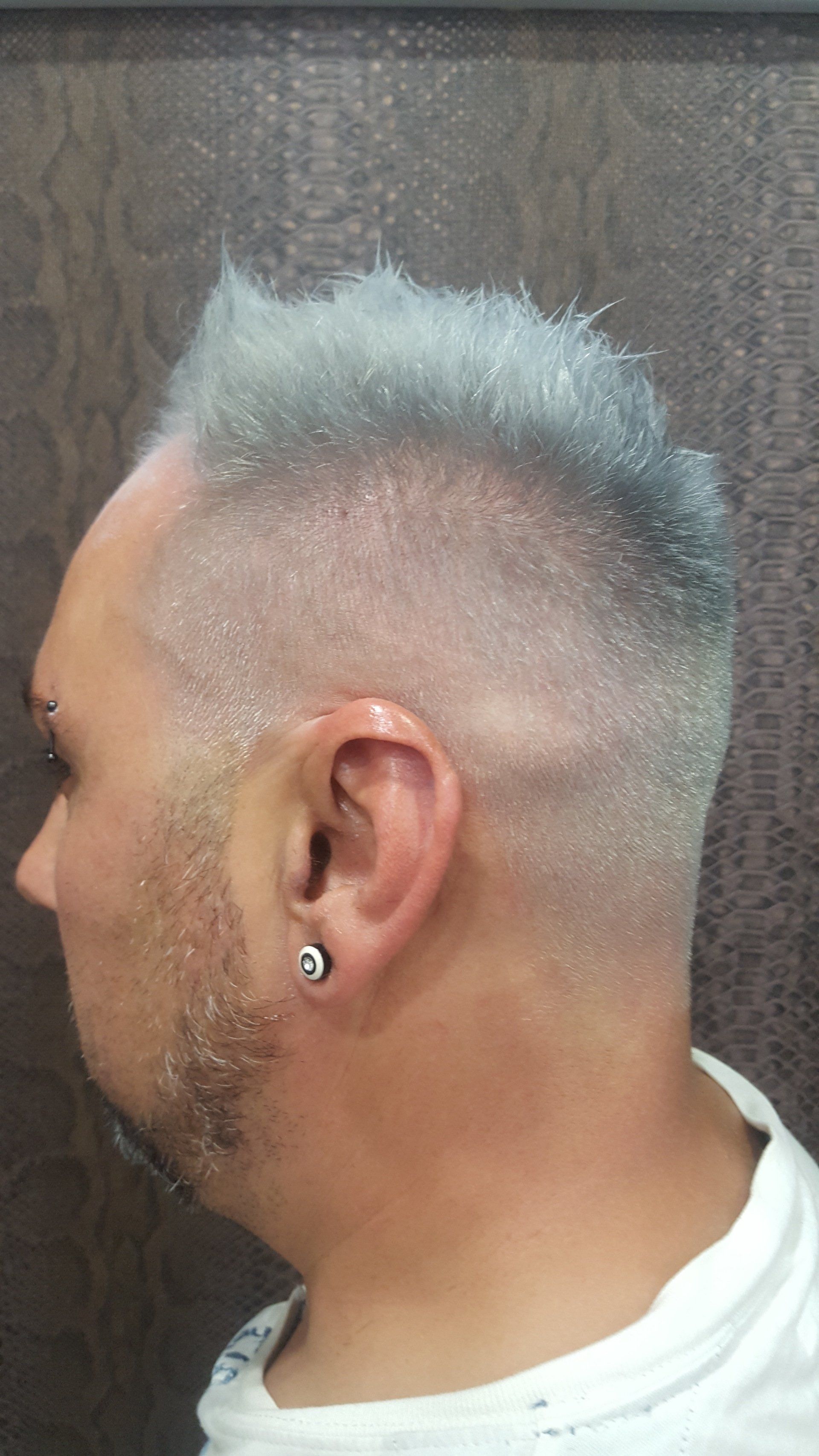 Un hombre con cabello gris y pendientes lleva una camisa blanca.