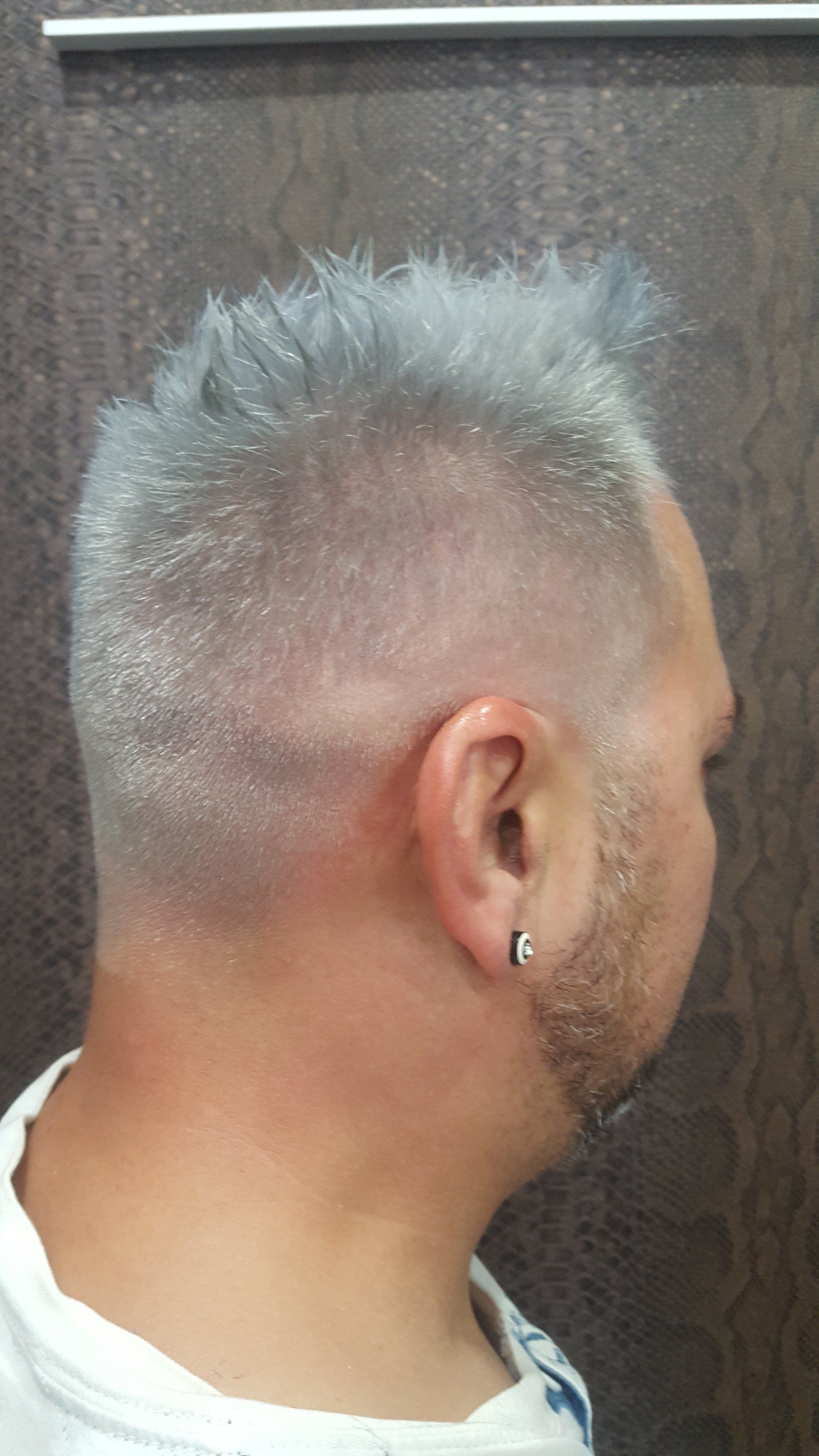 Un hombre con cabello gris y barba lleva pendientes.