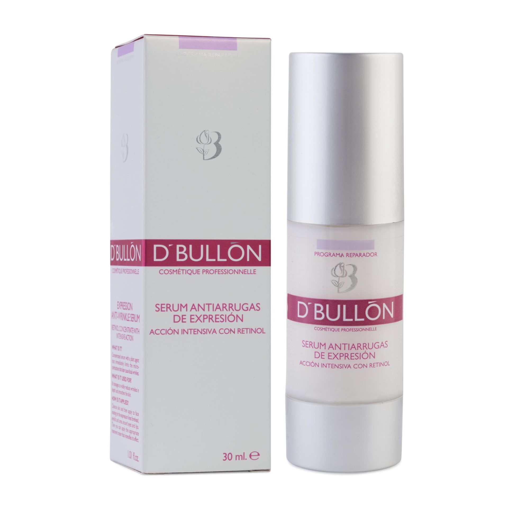 A bottle and box of dbullon serum antiarrugas de expresion