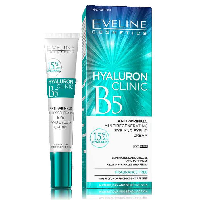 Crema antiarrugas multirregenerante para ojos y párpados Eveline Hyaluron Clinic B5