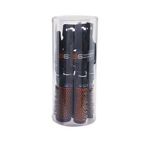 Un juego de cepillos para el cabello en un tubo transparente.