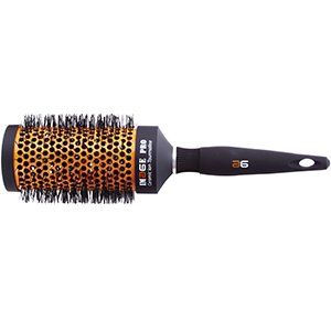 Un pincel redondo con mango negro sobre fondo blanco.