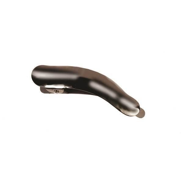 Un primer plano de una grapadora negra sobre un fondo blanco.