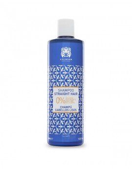Una botella azul de champú para cabello liso.