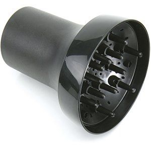 Un difusor de secador de pelo negro sobre un fondo blanco