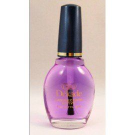 Una botella morada de esmalte de uñas Dekade con un tapón negro.