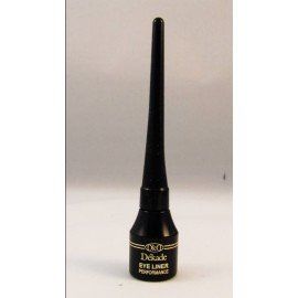 Una botella negra de delineador de ojos Dekade sobre una superficie blanca