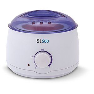 Un calentador de cera blanco con una tapa azul y una perilla blanca.