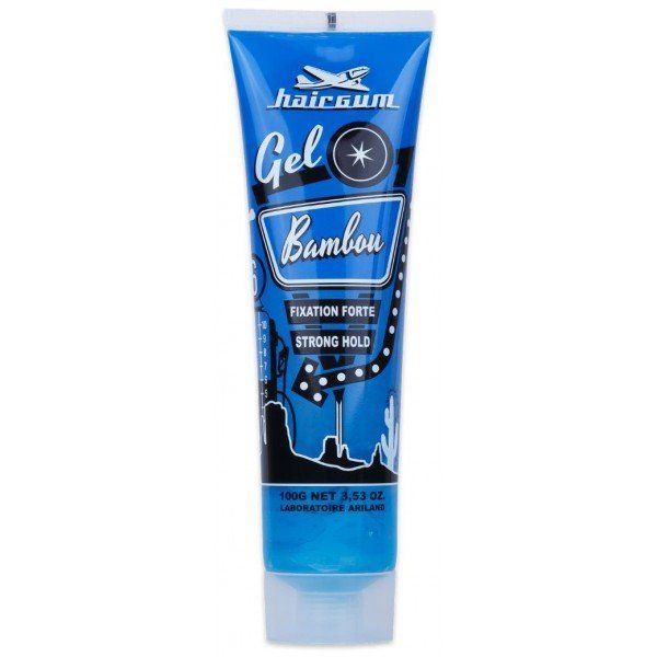 Un tubo azul de gel Hairgum Bamboo de fijación fuerte.