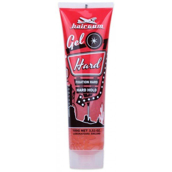 Se muestra un tubo de gel Hairgum duro sobre un fondo blanco.