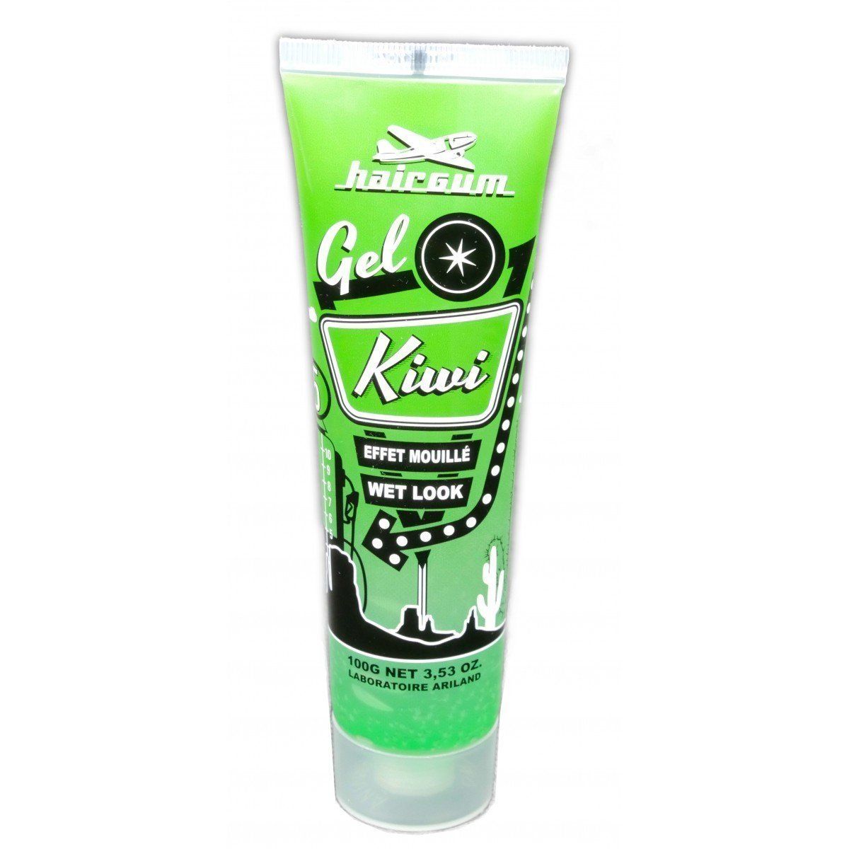 Un tubo de gel para el cabello de kiwi sobre un fondo blanco.