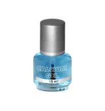 Una botella de esmalte de uñas en gel de calcio sobre un fondo blanco.