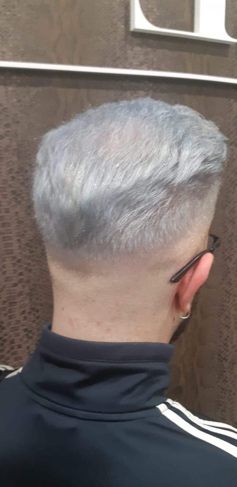 La parte posterior de la cabeza de un hombre con cabello gris y gafas.