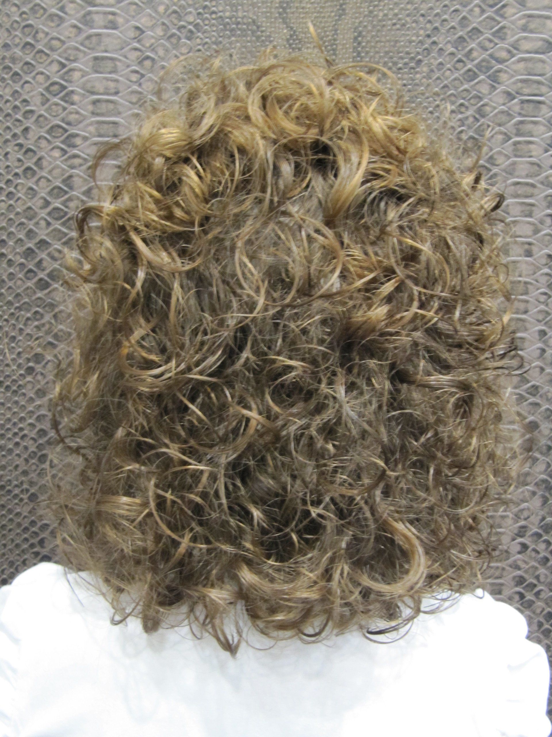 La parte posterior de la cabeza de una mujer con cabello rizado.