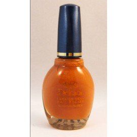 Una botella de esmalte de uñas naranja con tapa azul