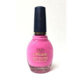 Una botella de esmalte de uñas rosa con tapa azul