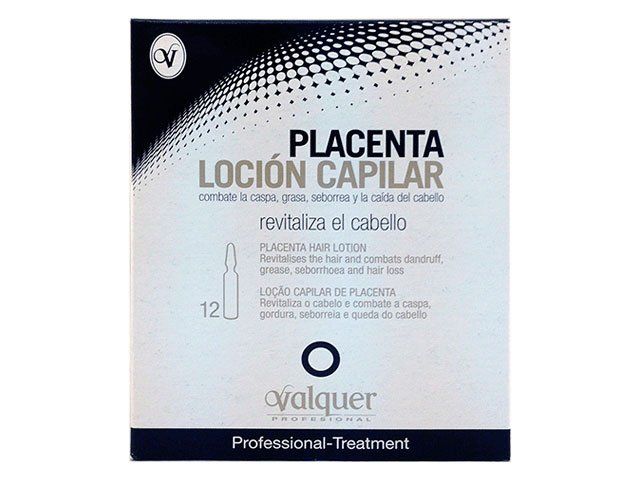 Una caja de loción capilar placentaria de tratamiento profesional.