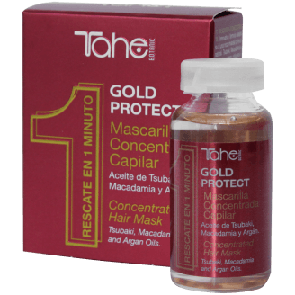 Una botella de mascarilla capilar Gold Protect junto a una caja.