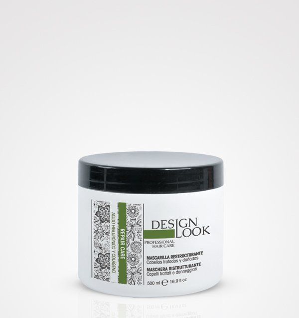 Un frasco de mascarilla capilar con diseño sobre un fondo blanco.