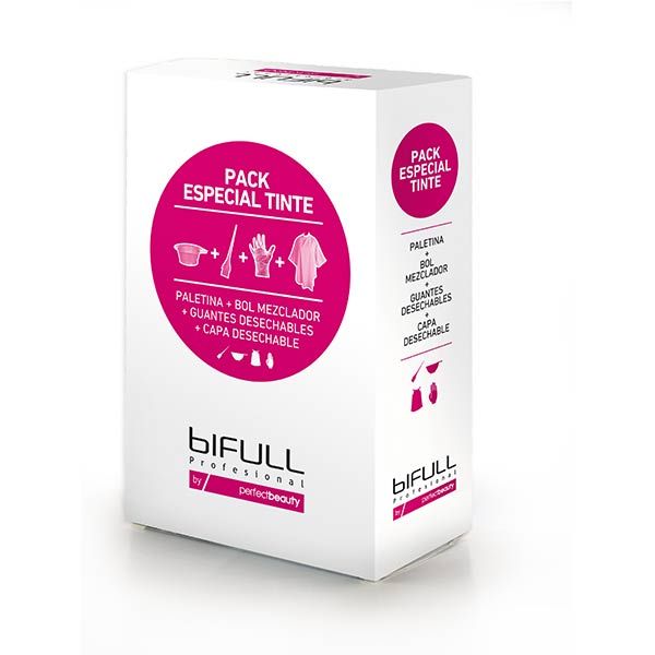 Una caja blanca con un círculo rosa que dice pack especial tinte