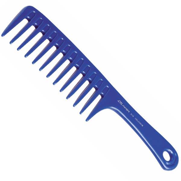 Un peine azul con un agujero en el medio.