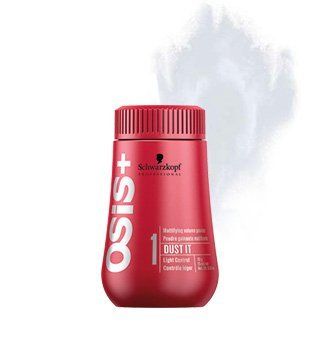 Una botella de polvo para cabello Schwarzkopf Osis + Bust It sobre un fondo blanco.