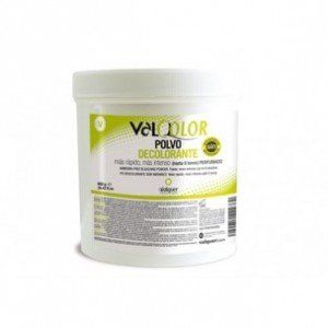 Un recipiente blanco de velcolor polvo decolorante sobre un fondo blanco.