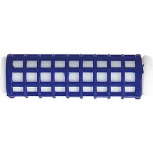 Un rodillo azul y blanco con cuadrados sobre un fondo blanco.