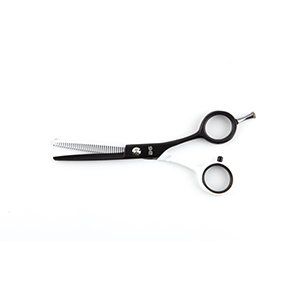 Un par de tijeras negras sobre un fondo blanco.