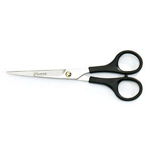 Un par de tijeras con mangos negros sobre un fondo blanco.