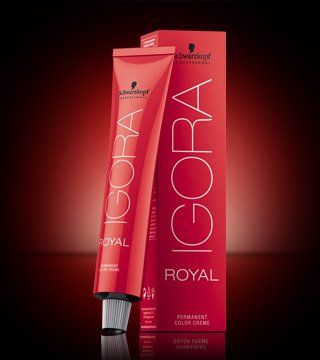 Un tubo de tinte para el cabello Igora Royal junto a una caja.