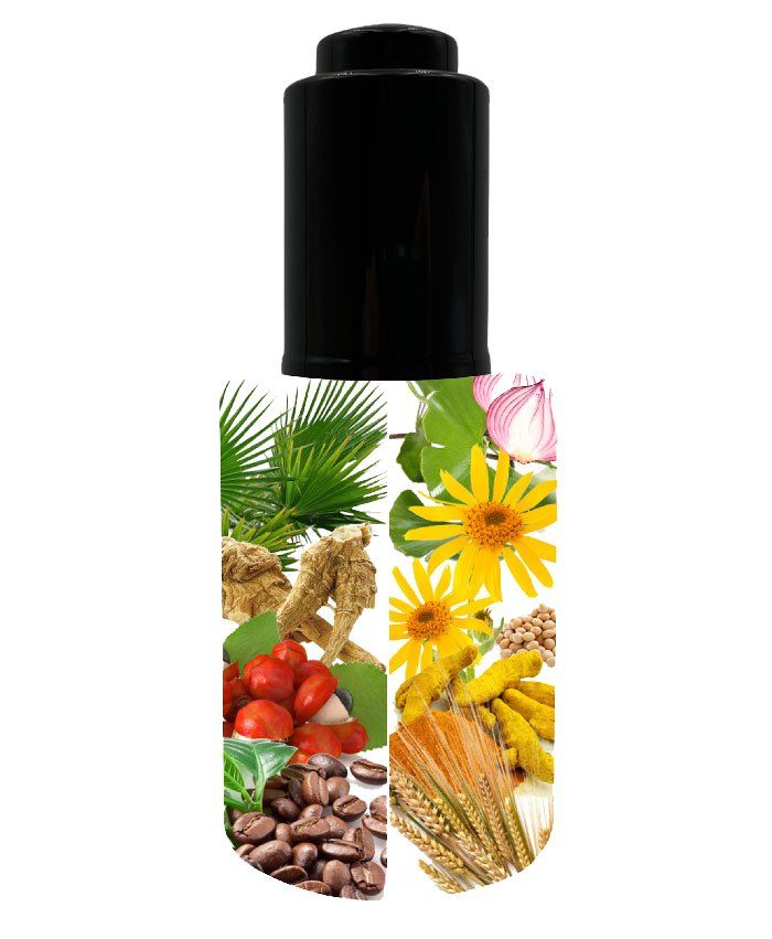 Una botella de perfume con una imagen de varios ingredientes.