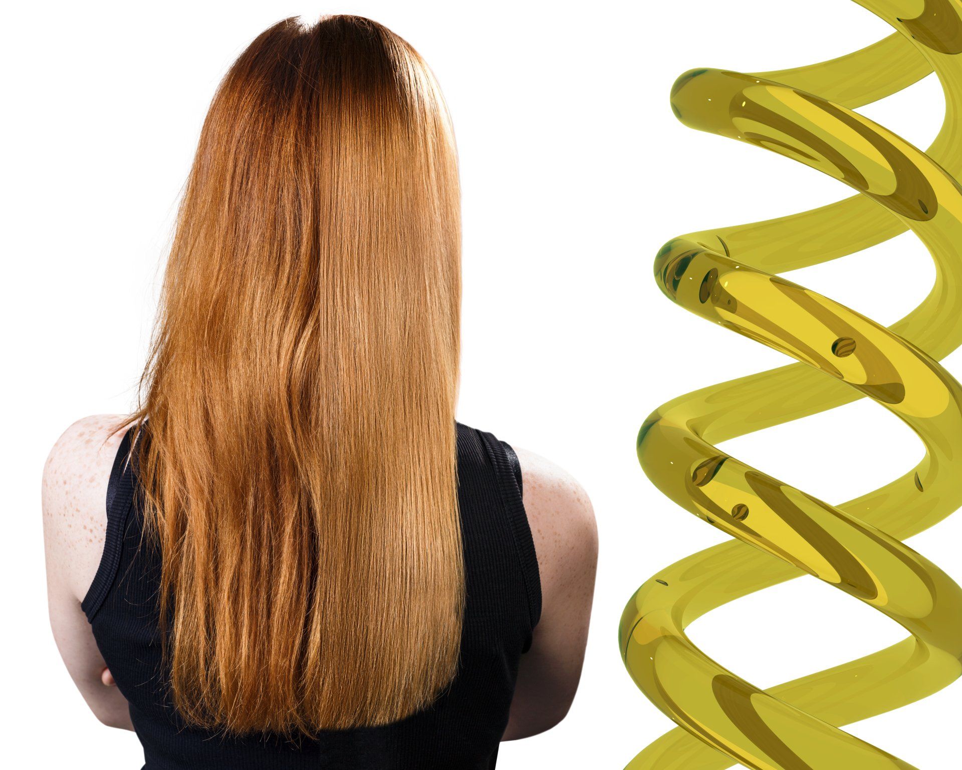 Una mujer con cabello largo y rojo está parada junto a una espiral amarilla.