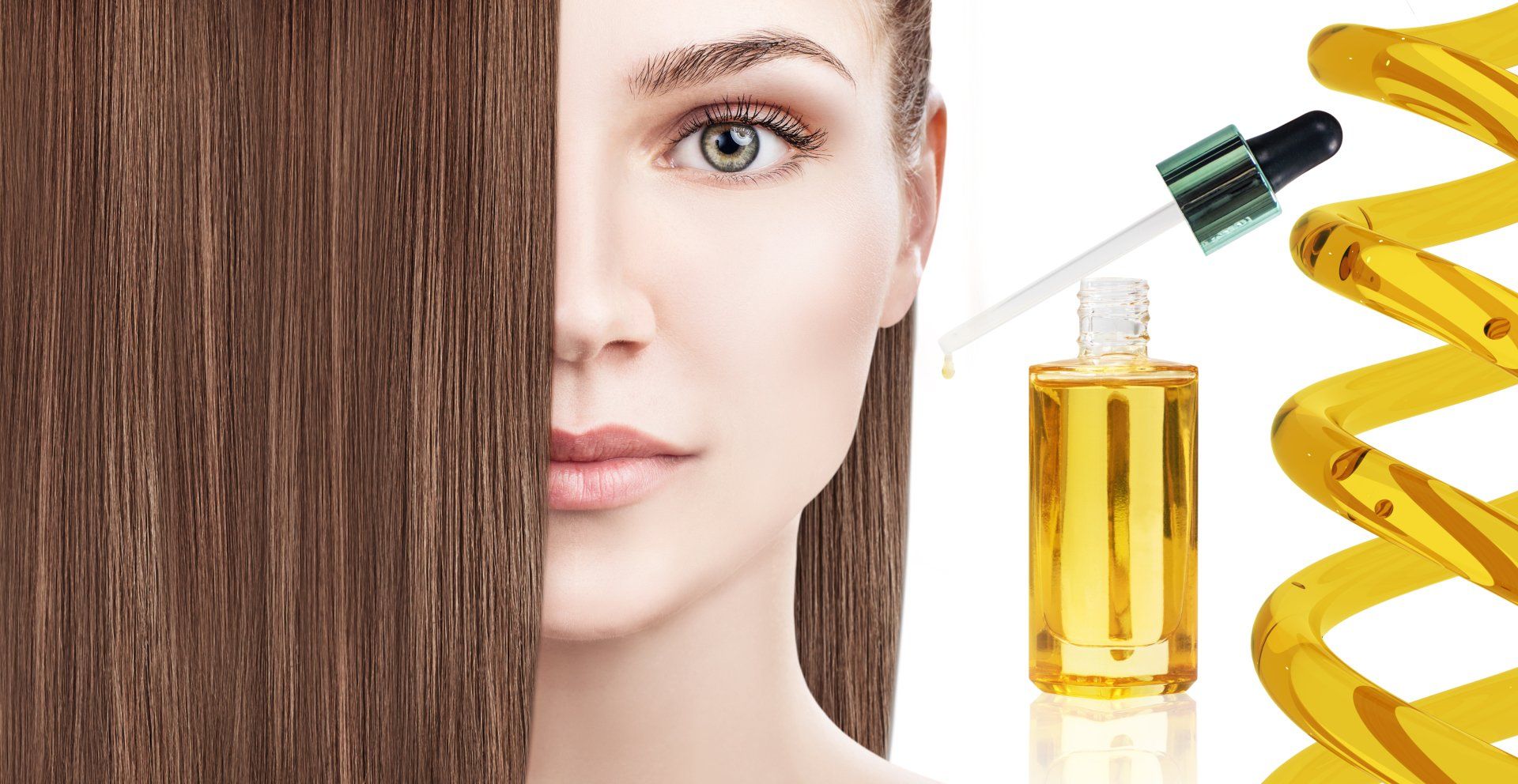 Una mujer con cabello largo y una botella de aceite junto a su cara.