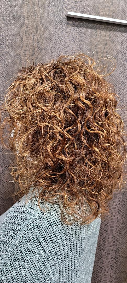 Un primer plano del cabello rizado de una persona recogido en un moño.