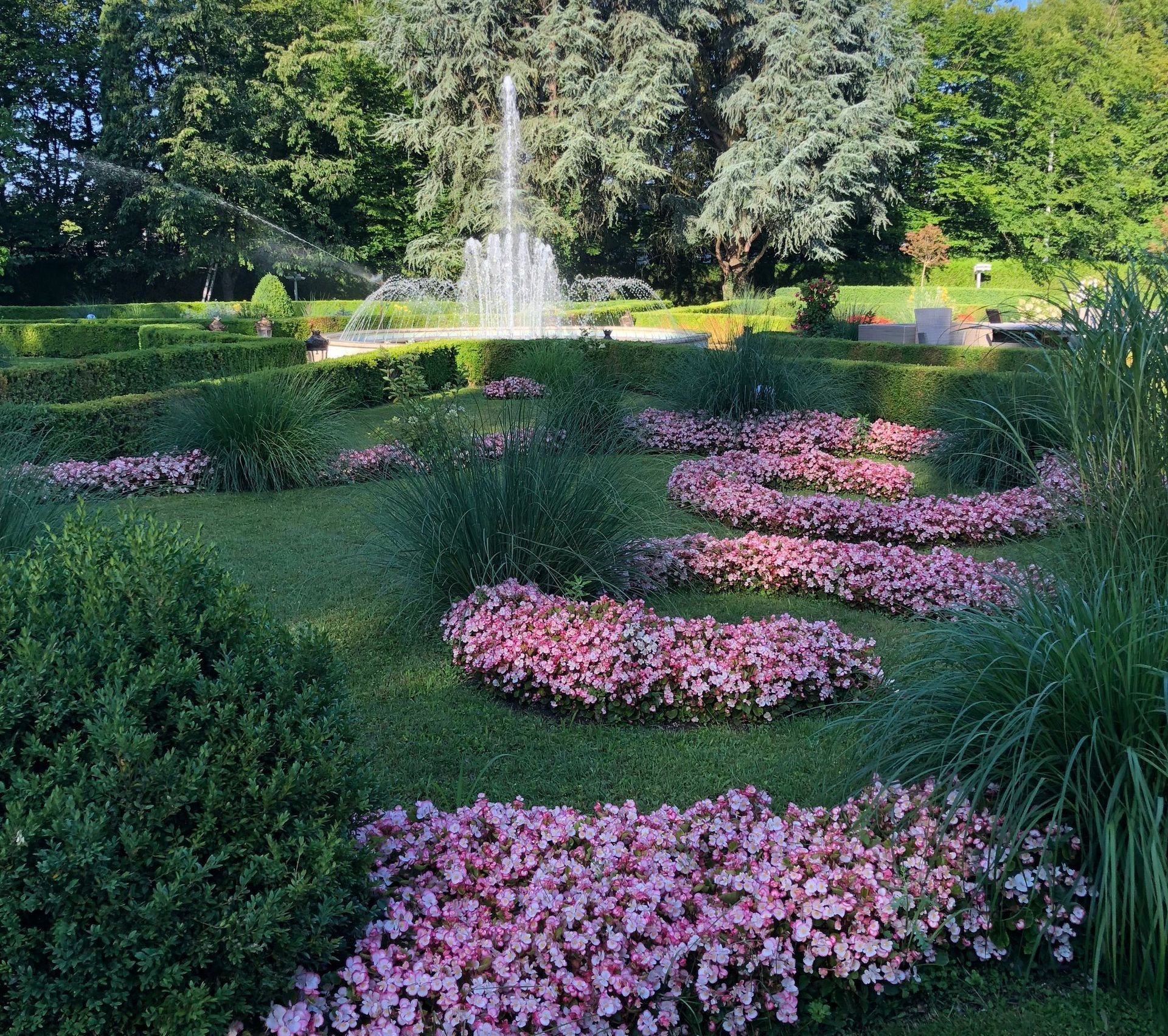 un jardin avec des fleurs roses et une fontaine