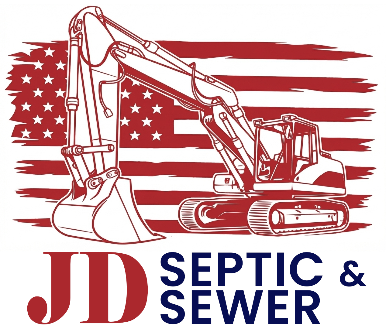 Logo for JD Septic & Sewer: Excavator over American flag, red and blue text.