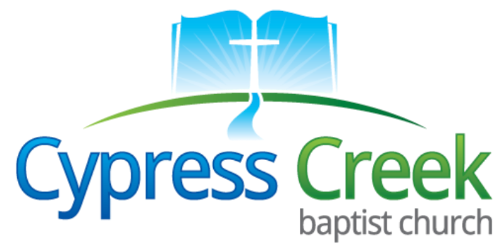 Cypress Creek Baptist Church logo: Open book with cross, blue, green arch, text.