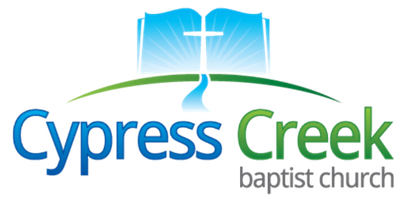 Cypress Creek Baptist Church logo: Open book with cross, blue, green arch, text.