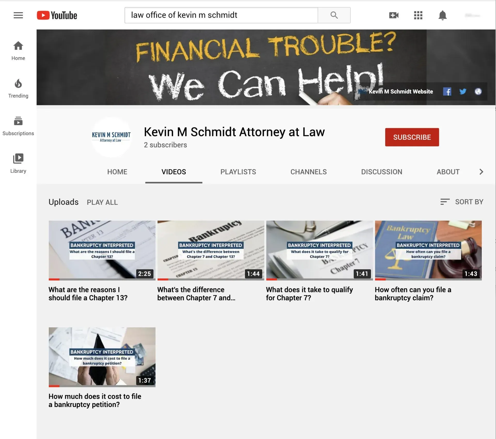 A screenshot of a youtube channel titled financial trouble ? we can help !