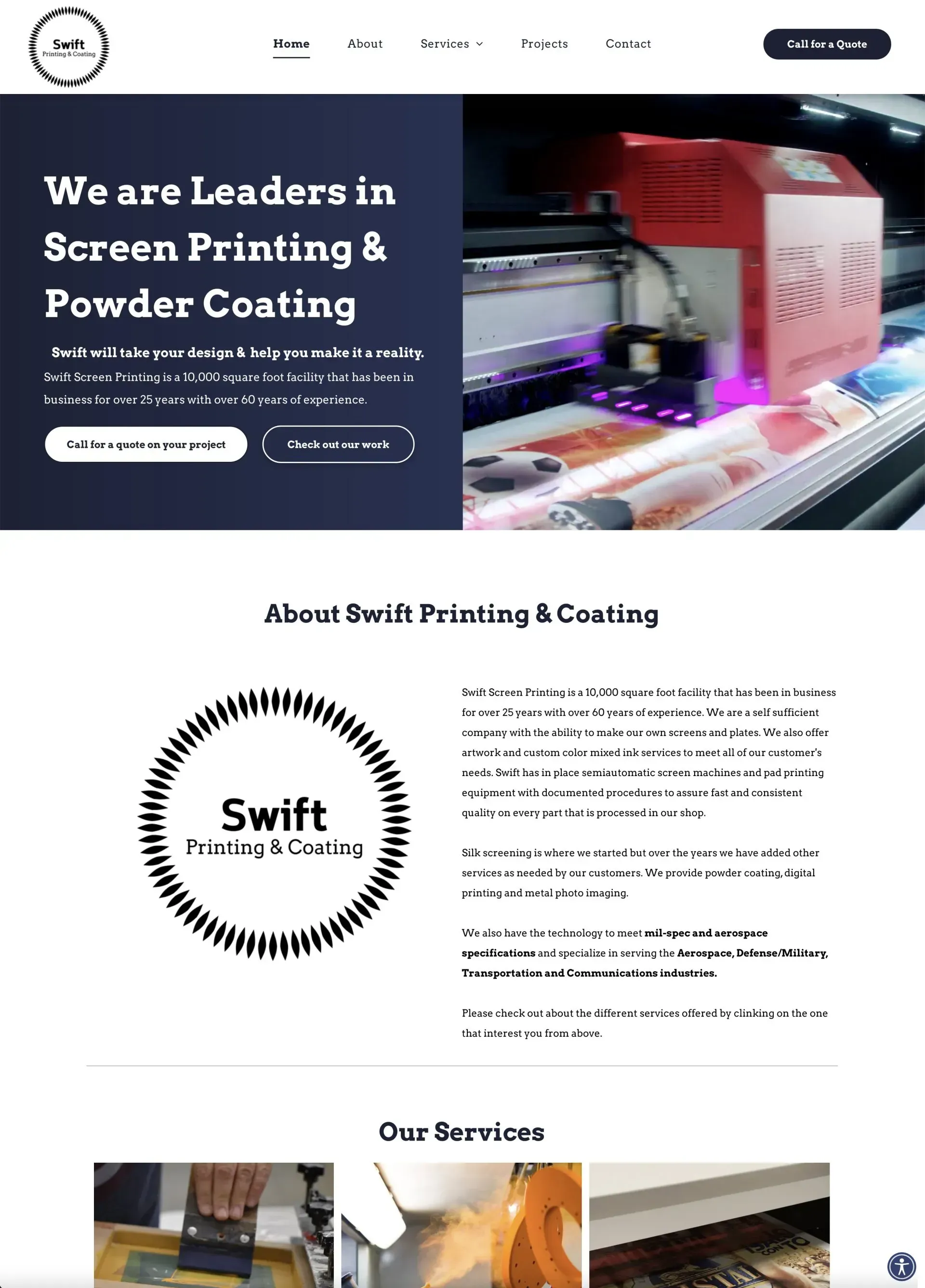 A screenshot of a website for a company called swift printing & coating.