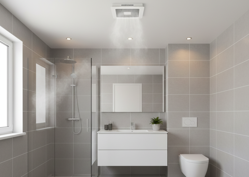 Ceiling exhaust fan actively ventilating a modern, tiled bathroom to prevent mold.