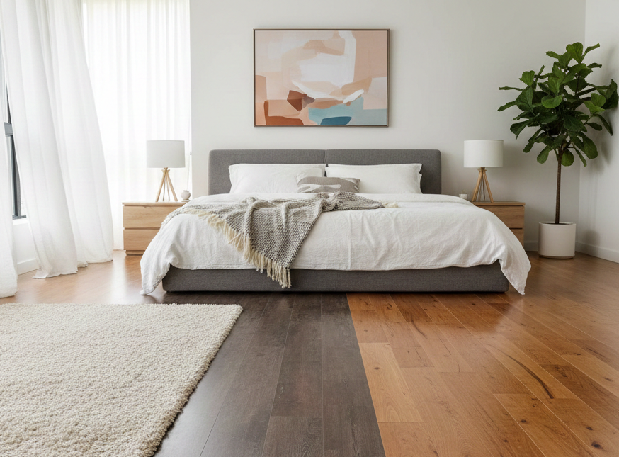 Bedroom flooring comparison showing carpet, dark LVP, and light hardwood