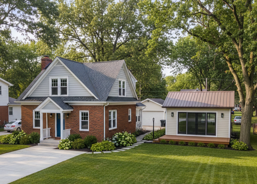 Modern detached ADU next to a residential home in Grand Rapids.