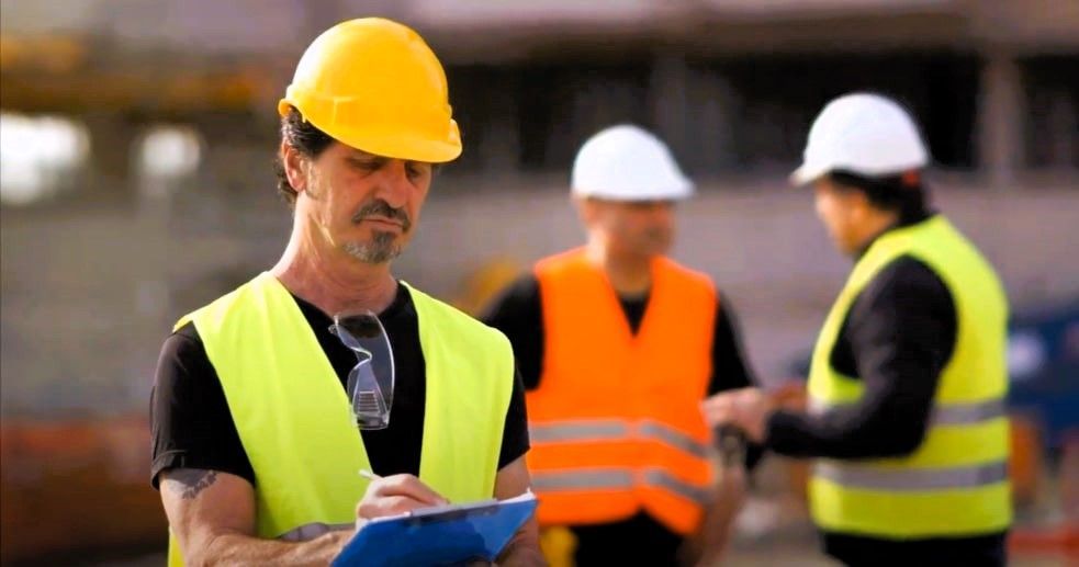 General contractor in yellow hard hat oversees remodeling project, with workers in background.