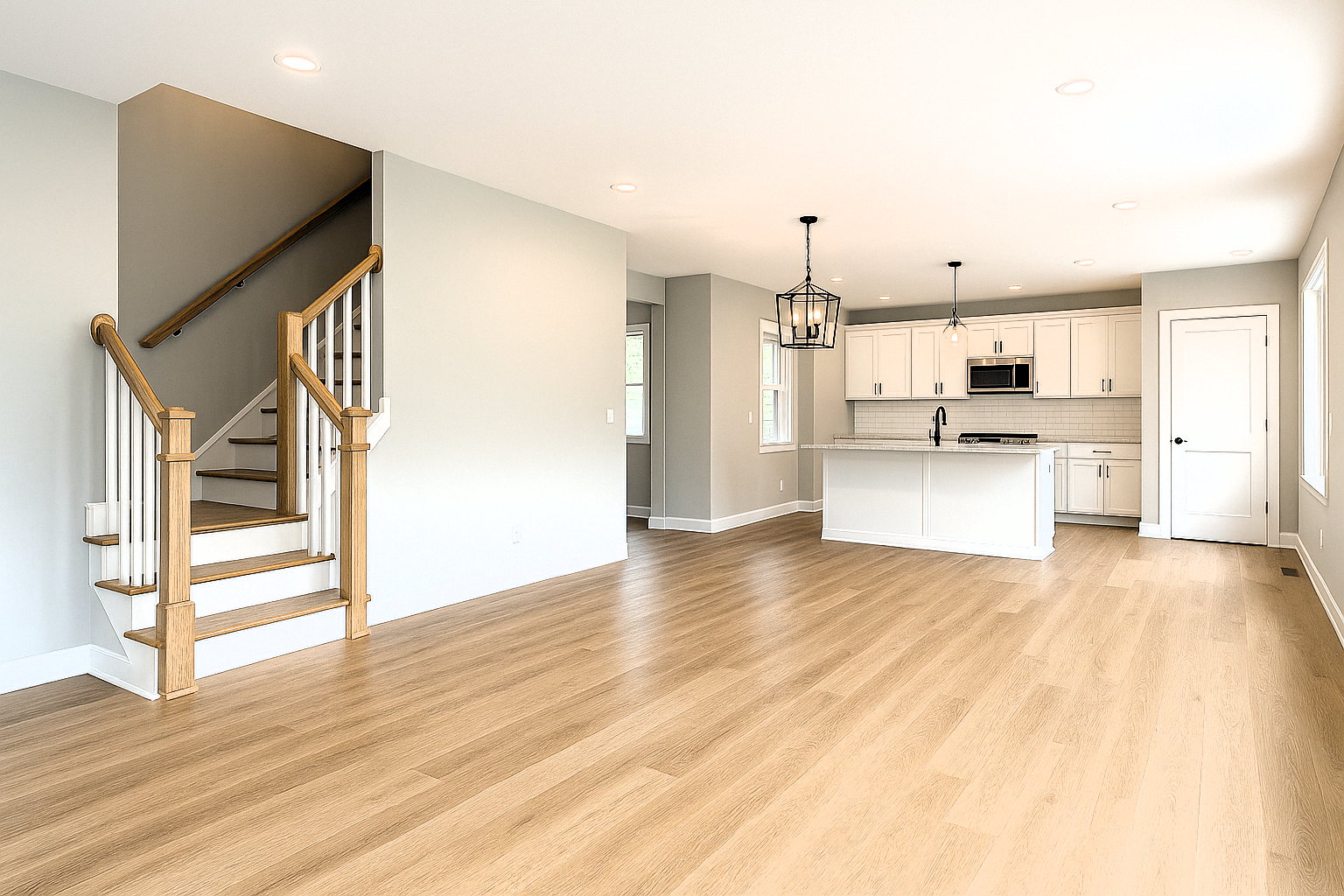 Modern living room interior design remodeling with wood floor and white cabinets