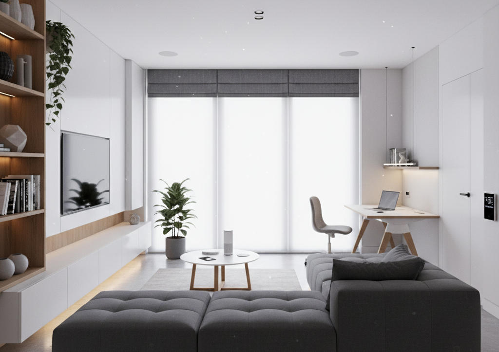 Modern minimalist living room with home office nook