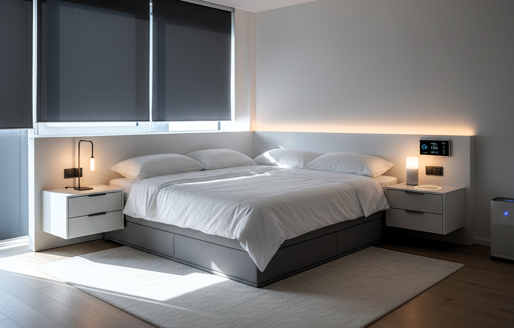 Smart bedroom with integrated lighting and minimalist design