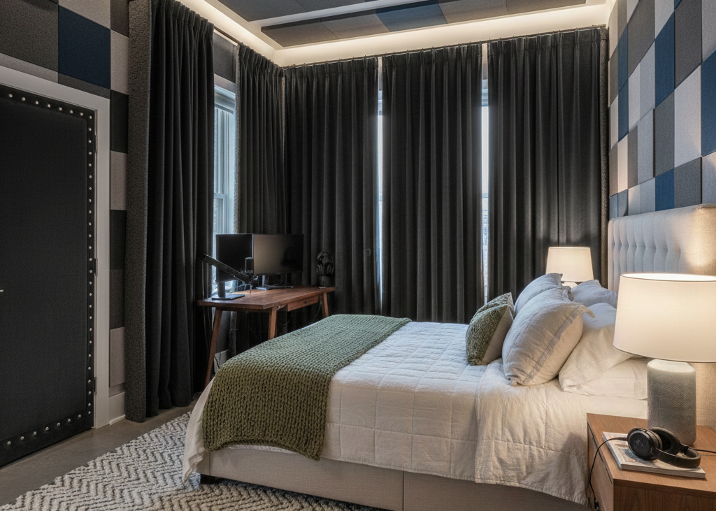 Soundproof bedroom in Grand Rapids with acoustic panels and heavy curtains.